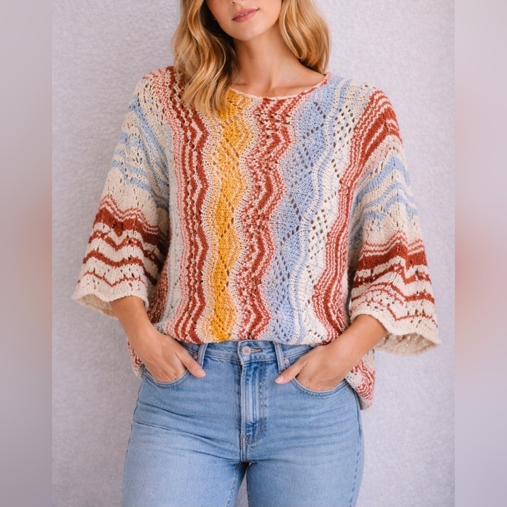 Gimmicks Boho Crochet Knit Sweater Size L Multicolor Bell Sleeve